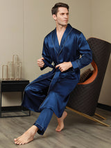 [Tummansininen] SilkSilky-FI Pure Silk Long Sleeve Lapel Miesten Aamutakki 007