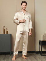 [Tan] SilkSilky-FI Pure Silk Long Sleeve Lapel Miesten Pyjamat 003