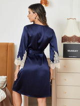 [Tummansininen] SilkSilky-FI Pure Silk 3/4 Sleeve Womens Robe 002