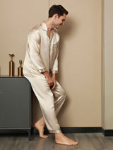 [Tan] SilkSilky-FI Pure Silk Long Sleeve Lapel Miesten Pyjamat 008
