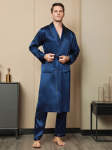 [Tummansininen] SilkSilky-FI Pure Silk Long Sleeve Lapel Miesten Aamutakki 004