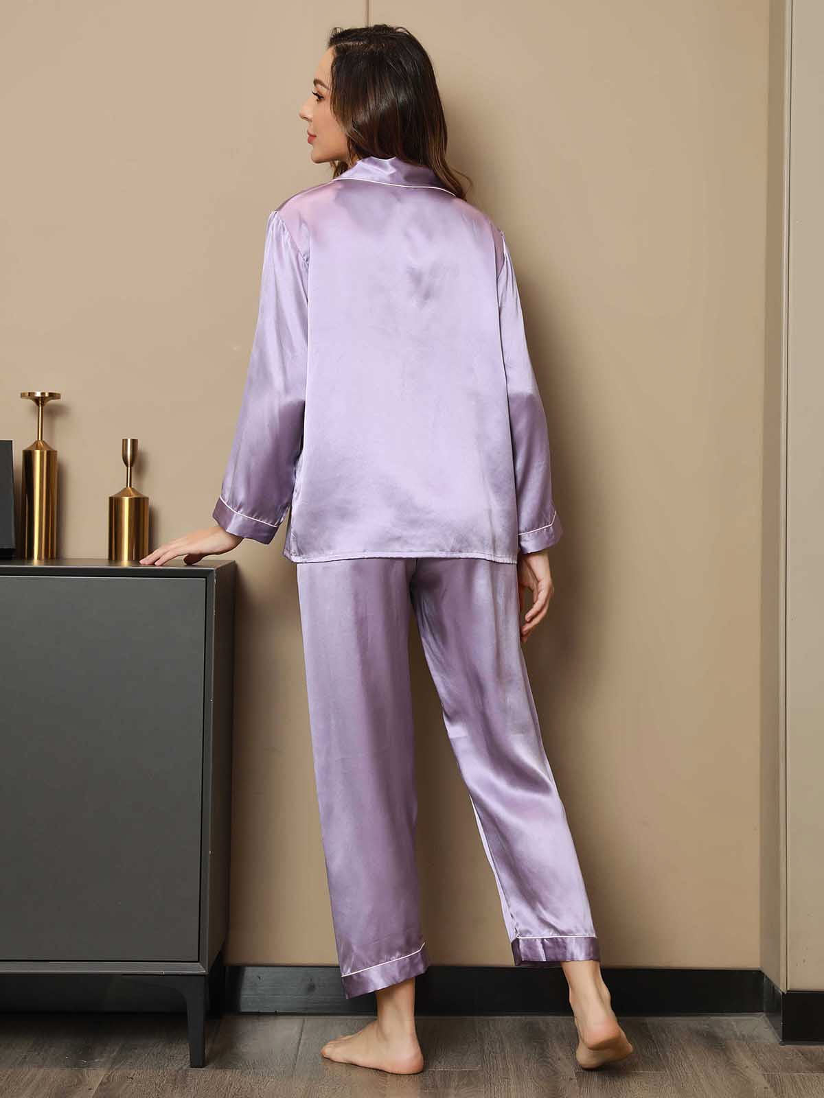 SilkSilky FI Pure Silk Long Sleeve Lapel Naisten Pyjamat Laventeli 002