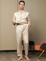 [Tan] SilkSilky-FI Pure Silk Long Sleeve Lapel Miesten Pyjamat 010
