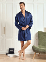 [Tummansininen] SilkSilky-FI Pure Silk 3/4 Sleeve Mens Robe 004