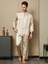 [Tan] SilkSilky-FI Pure Silk Long Sleeve Lapel Miesten Pyjamat 007